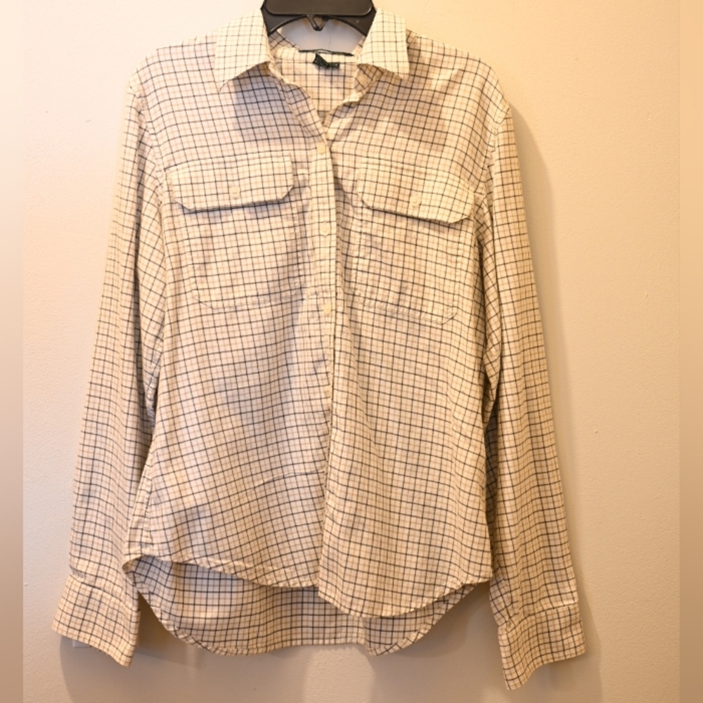 Ralph Lauren Cotton Long-Sleeve Plaid Button-Up Shirt Cream/Black M Petite Work